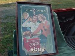 Vintage COCA COLA 1950 Cardboard Sign Rare Logo COKE BELONGS Framed 27 X 16 US