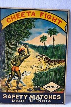 Vintage Cheeta Fight Hunting Wimco Safety Matches Advertising Tin Sign Rare Ad1
