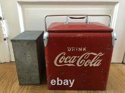 Vintage Coca Cola Coke Metal Cooler Chest With Rare Freezer Box Inside