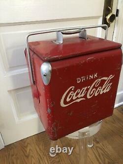 Vintage Coca Cola Coke Metal Cooler Chest With Rare Freezer Box Inside