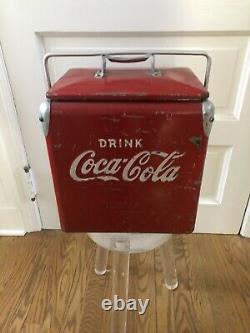 Vintage Coca Cola Coke Metal Cooler Chest With Rare Freezer Box Inside