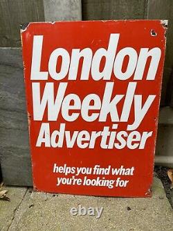 Vintage Enamel London Weekly Advertiser Sign Newspaper Advert Metal Rare Old