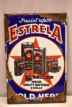 Vintage Estrela Battery Flash Light Sign Board Porcelain Enamel Advertising Rare