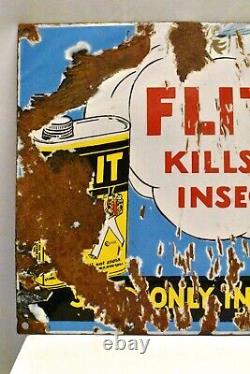 Vintage Flit Kills Insects Sign Porcelain Enamel Advertising Of Pesticide Rare