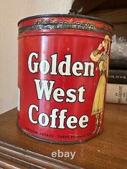 Vintage GOLDEN WEST Sideways Cowgirl 2lb Large Coffee Can Tin Rare Advertisement