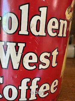 Vintage GOLDEN WEST Sideways Cowgirl 2lb Large Coffee Can Tin Rare Advertisement