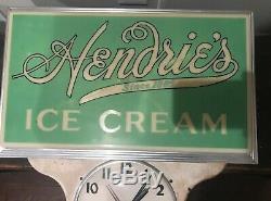 Vintage Hendries Ice Cream Lighted Sign Clock. Original Rare