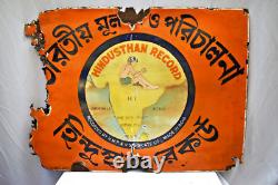 Vintage Hindusthan Record Porcelain Enamel Sign Bengali Song Map Logo 23x18 Rare