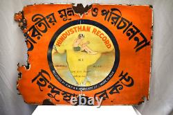 Vintage Hindusthan Record Porcelain Enamel Sign Bengali Song Map Logo 23x18 Rare