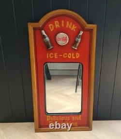 Vintage LARGE Coca Cola Ice Cold Mirror Advertisement Wooden Sign Plaque RARE