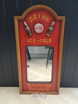 Vintage LARGE Coca Cola Ice Cold Mirror Advertisement Wooden Sign Plaque RARE