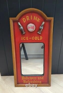 Vintage LARGE Coca Cola Ice Cold Mirror Advertisement Wooden Sign Plaque RARE