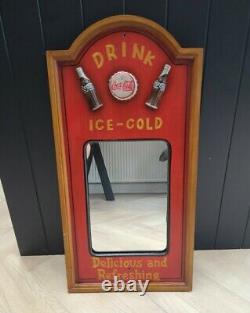 Vintage LARGE Coca Cola Ice Cold Mirror Advertisement Wooden Sign Plaque RARE