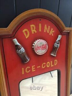 Vintage LARGE Coca Cola Ice Cold Mirror Advertisement Wooden Sign Plaque RARE
