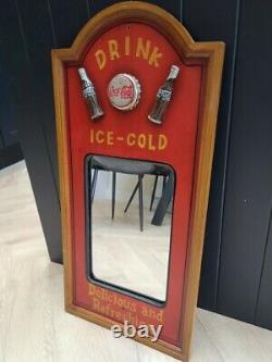Vintage LARGE Coca Cola Ice Cold Mirror Advertisement Wooden Sign Plaque RARE