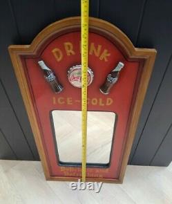 Vintage LARGE Coca Cola Ice Cold Mirror Advertisement Wooden Sign Plaque RARE