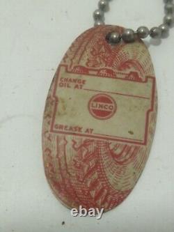 Vintage LINCO Tires Advertising Celluloid Oil Change Reminder Key Chain Fob Rare