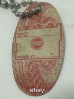Vintage LINCO Tires Advertising Celluloid Oil Change Reminder Key Chain Fob Rare