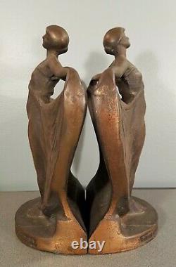 Vintage Lady BRONZE IRON Art Nouveau BOOKENDS Antique Art Deco Dancing rare