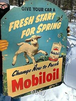 Vintage Lg Rare Mobil Mobiloil Motor Oil Service Station Sign Gas With Sheep