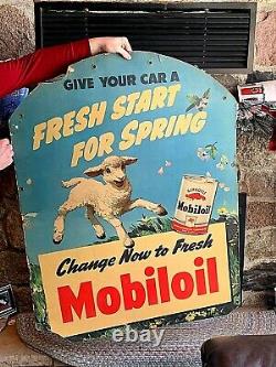 Vintage Lg Rare Mobil Mobiloil Motor Oil Service Station Sign Gas With Sheep