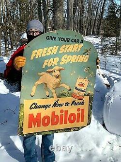 Vintage Lg Rare Mobil Mobiloil Motor Oil Service Station Sign Gas With Sheep