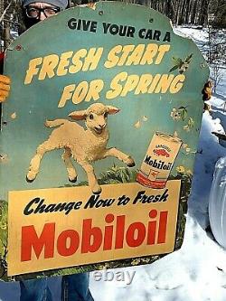 Vintage Lg Rare Mobil Mobiloil Motor Oil Service Station Sign Gas With Sheep