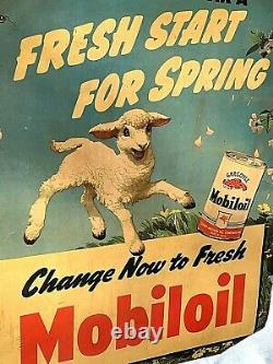 Vintage Lg Rare Mobil Mobiloil Motor Oil Service Station Sign Gas With Sheep