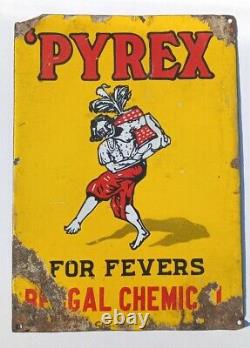 Vintage Old Rare Pyrex For Fevers Bengal Chemical Ad Porcelain Enamel Sign Board
