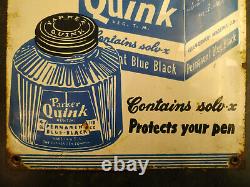 Vintage Original Parker Quink Ink Pen Porcelain Enamel Sign Board 1930 USA Rare