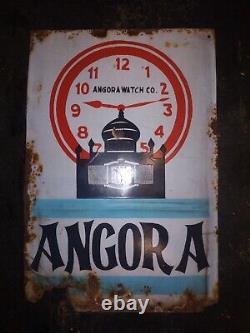 Vintage Porcelain Enamel Sign Angora Wrist Watch Pocket Watch Co Rare 1950