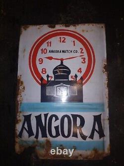 Vintage Porcelain Enamel Sign Angora Wrist Watch Pocket Watch Co Rare 1950