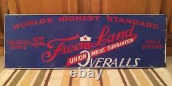 Vintage Porcelain Sign 1920's FREE LAND Overalls Union Made Work Clothes Rare