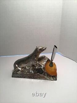 Vintage Rare Advertising Polar Bear Pen Holder, Consolidated Ice Co, Chrome