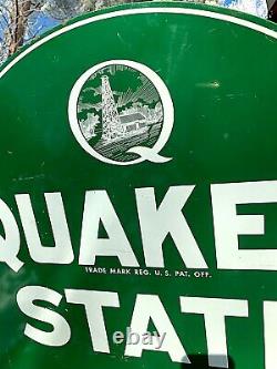 Vintage Rare Quaker State Motor Oil Tombstone Gas Metal Sign With Oil Well Graphic