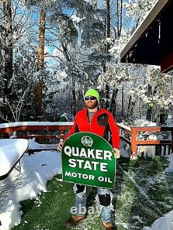 Vintage Rare Quaker State Motor Oil Tombstone Gas Metal Sign With Oil Well Graphic