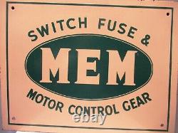 Vintage Sign Board Porcelain Enamel MEM switch fuse & motor control gear rare