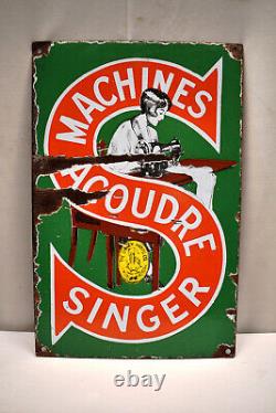 Vintage Singer Acoudre Machines Porcelain Enamel Sign Advertising Of Sewing Rare