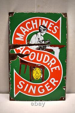 Vintage Singer Acoudre Machines Porcelain Enamel Sign Advertising Of Sewing Rare